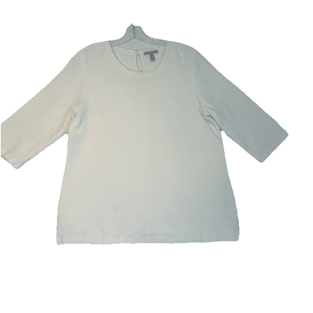 Eileen Fisher Lg  Boxy Top White Cotton Lyocel Pullover 3/4 Sleeve Puffy Texture